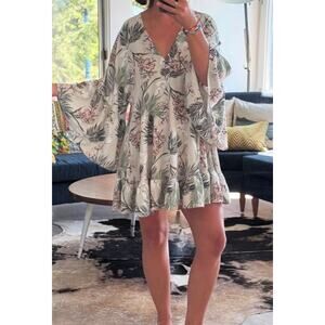 NEW Anthro Label of Love Calla Lily Palm Bell Sleeve Tunic Mini Boho Dress Small